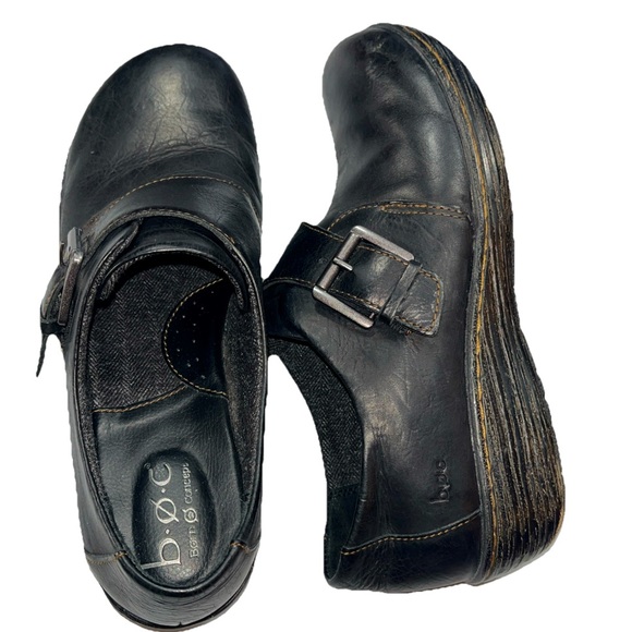 B.O.C. Black Slip On Women 8.5 Laurium Wedge Leather Shoes Clogs Loafers Comfort - Picture 1 of 12